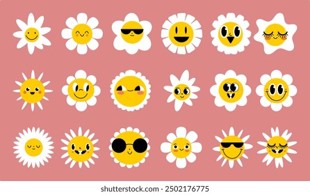 Daisy flowers with cartoon funny smiling faces, chamomile characters. Cute camomile happy emotion. Kids logo design with daisies vector set. Illustration of smile floral flower, bloom camomile