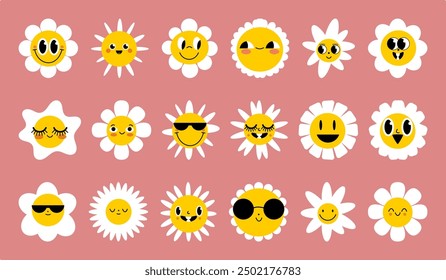 Daisy flowers with cartoon funny smiling faces, chamomile characters. Cute camomile happy emotion. Kids logo design with daisies vector set. Illustration of smile floral flower, bloom camomile