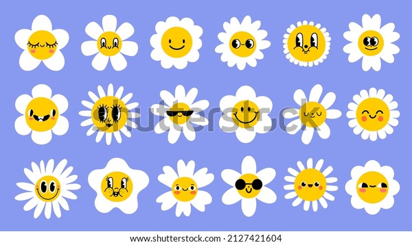 Daisy flowers with cartoon funny smiling faces,\
chamomile characters. Cute camomile happy emotion. Kids logo design\
with daisies vector set. Illustration of smile floral flower, bloom\
camomile