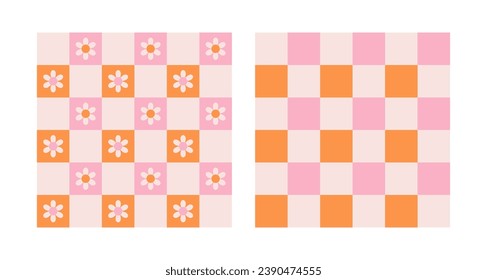 Daisy flowers and checkerboard seamless pattern set. Colorful pink and orange vector background in retro groovy style 60s, 70s. Modern trendy prints