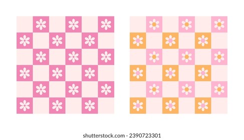 Daisy flowers and checkerboard seamless pattern set. Colorful pink and orange vector background in retro groovy style 60s, 70s. Modern trendy prints