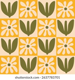 Daisy Flowers Checkerboard Seamless Pattern. Mid Century Modern repeat background with cut out chamomile and leaves. Minimalist floral design. Vector illustration