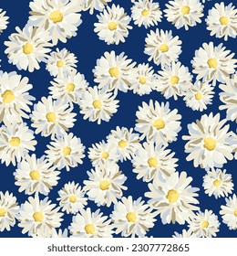 Daisy flowers, dark blue background. Floral illustration. Vector seamless pattern. Botanical design. Romantic garden. Summer meadow