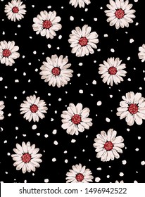 Daisy flowers dots pattern. Seamless floral design.