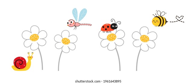 Daisy flowers, dragon fly, lady bug, bee and snail isolated on white background vector illustration. Cute cartoon character.