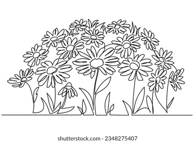 Daisy flowers field. Continuous one line art drawing style. Chamomiles black linear sketch. Vector illustration