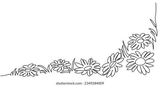 Daisy flowers field. Continuous one line art drawing style. Chamomiles black linear sketch. Vector illustration