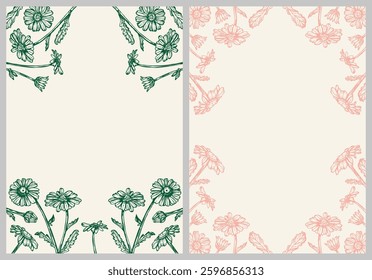 Daisy flowers frame sketch outline illustration banner background set. Сhamomile flower spring botanical doodle drawing in engraving style. Hand drawn vector line art