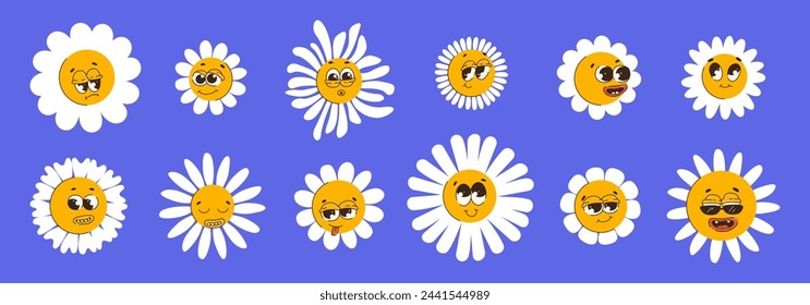 Daisy flowers with funny faces, chamomile characters. Cute groovy camomiles with different emotion. Vector illustration of retro smile flowers, bloom daisies. Kids camomile emoticon collection