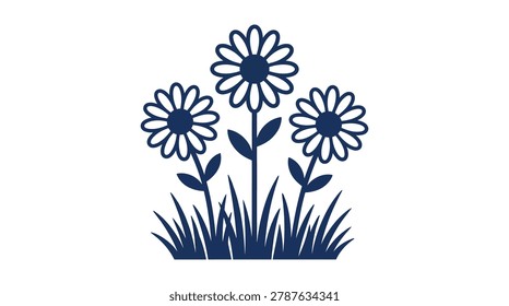 Daisy flowers growing in grass silhouette icon with silhouette botanical minimalist illustration