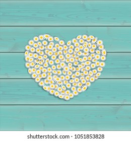 Daisy flowers heart shape on the wooden table.  Eps 10 vector file.