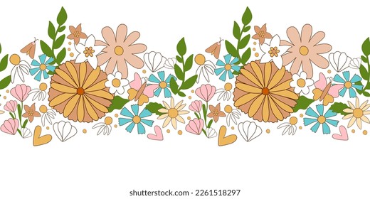 Daisy flowers horizontal seamless border isolated floral decorative element. Retro 70s repeat frame with summer meadow plants, leaves. Groovy 60s decorative banner. Hand drawn vector illustration.