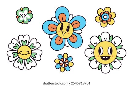 Daisy flores ícones. Cartoon engraçado psicodélico 70s hippie margaridas flores, 60s vasos símbolo vetor plano ilustração conjunto. Crachá de flores de camomila hippie retrô