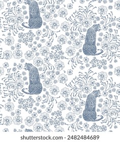 Daisy flowers and leopards seamless pattern, blue ink color