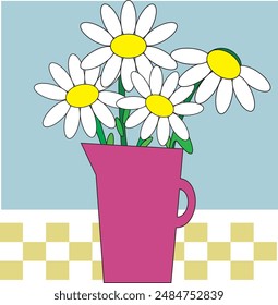 Daisy Flowers in Magenta Vase on Dining Table: A magenta vase with daisy flowers set on a dining tablecloth against a light blue background