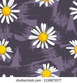 Daisy flowers on a background  with brush dabs . 
 Vector seamless pattern.
Hand-drawn floral composition.