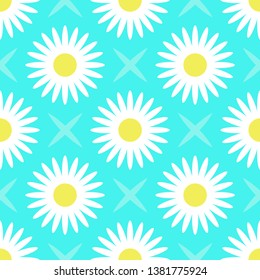 Daisy flowers on blue background. Seamless pattern. Vector drawing. Texture.
