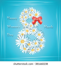 Daisy flowers on the greeting card for Womens day. Vector illustration.