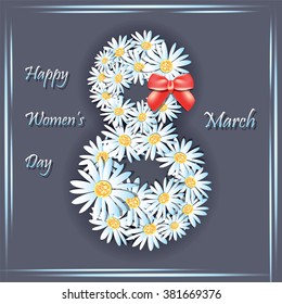 Daisy flowers on the greeting card for Womens day. Vector illustration.