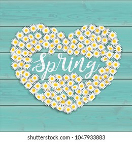 Daisy flowers on the wooden table with the text Spring.  Eps 10 vector file.