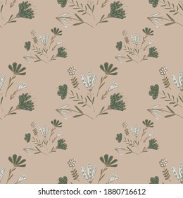 Daisy flowers ornament seamless patern in country style. Pale beige and green tones botanic print. Stock illustration. Vector design for textile, fabric, giftwrap, wallpapers.