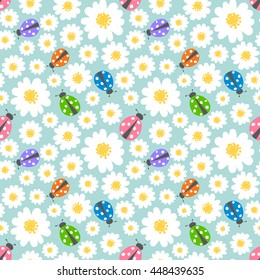 Daisy flowers pattern with cute ladybug, ladybird in garden