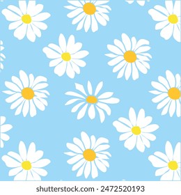  Daisy flowers pattern on blue background, Hand-drawn daisy flowers .botanical elements, Ink drawings of wildflowers,vector illustration natural design.eps 10.