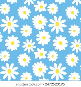  Daisy flowers pattern on blue background, Hand-drawn daisy flowers .botanical elements, Ink drawings of wildflowers,vector illustration natural design.eps 10.