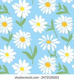  Daisy flowers pattern on blue background, Hand-drawn daisy flowers .botanical elements, Ink drawings of wildflowers,vector illustration natural design.eps 10.