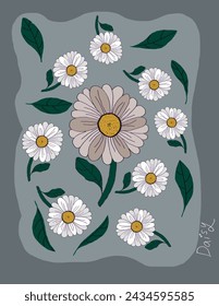 Daisy flowers patterns with green leaves on grey background with lettering “Daisy” on the side for branding, fabric print, wallpaper, social media post, doodle, notes, book covers, wall decor.