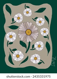 Daisy flowers patterns with green leaves on grey  and green background with lettering “Daisy” on the side for fabric print, wallpaper, social media post, doodle, notes, book covers, wall decor.