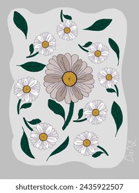 Daisy flowers patterns with green leaves on grey background with lettering “Daisy” on the side for branding, fabric print, wallpaper, social media post, doodle, notes, book covers, wall decor.