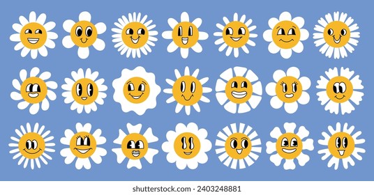 Daisy flowers positive muzzles. Cute chamomile inflorescences with cartoon faces, happy smiling plants, different shapes flora, vector set.eps
