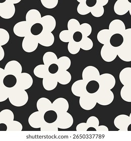 Daisy flowers, seamless pattern. Floral print with summer blossoms in groovy black and white style. Cute texture, funky retro design for textile, wallpaper and wrapping. Flat vector illustration