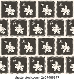 Daisy flowers seamless pattern. Linocut block print floral stencil on vintage frames allover background. Rectangle marker drawn repeat cover. Vector hand drawn monochrome spring motif.