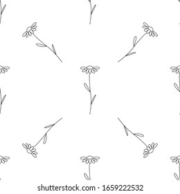 Daisy flowers seamless pattern. Small hand drawn daisies, black elements on white background. Cute vector design for floral texture, banner, wallpaper, wrapping paper, scrapbooking, textile print.