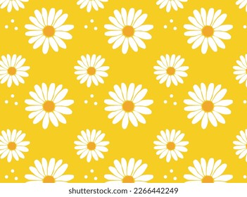 Flores de margarita papel de pared sin fisuras de patrón sobre fondo de color amarillo vintage ilustración vectorial