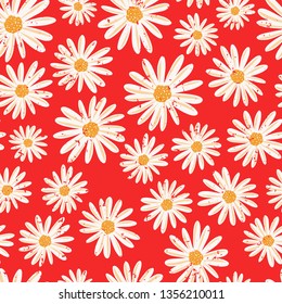 Daisy flowers seamless vector background. Distressed white vintage Chamomile flowers on red pattern. Contemporary seasonal ditsy floral repeat tile. Hand drawn retro design for fabric, decor, paper