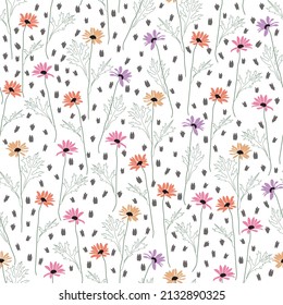 Daisy flowers seamless vector pattern. Distressed white Chamomile flowers on black background. Trendy for prints, fabric, invitation cards, wedding decoration, wallpapers, wall murals