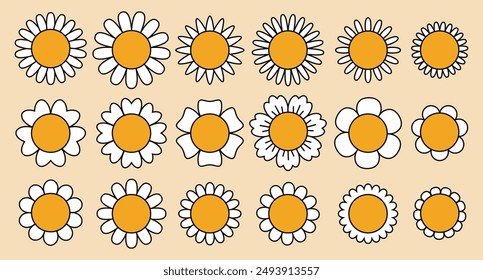 Daisy flowers set. Bloom camomile Sticker pack in trendy retro. 30s, 50s, 60s, 70s vintage element. Vector illustration