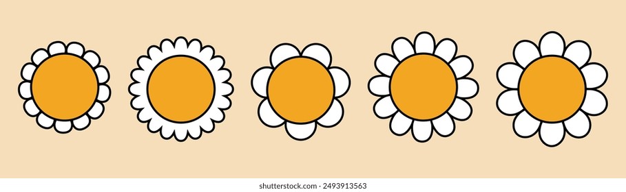 Daisy flowers set. Bloom camomile Sticker pack in trendy retro. 30s, 50s, 60s, 70s vintage element. Vector illustration