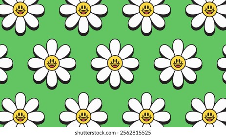 Daisy flowers with smiley face pattern background illustration on bright green screen in cartoon retro style vector design