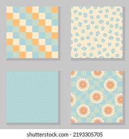 Daisy flowers, trippy grid, wavy checkerboard seamless pattern set. Seventies style vector background for decor and design.

