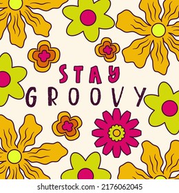 Daisy Flowers, Trippy groovy poster for print design quote. Psychedelic hippy groovy print. Template poster vector illustration. Abstract vector pattern. Btight color.