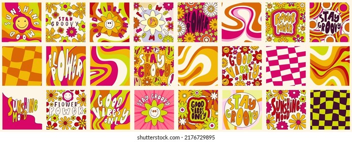 Daisy Flowers, Trippy groovy poster set for print design quote. Psychedelic hippy groovy print. Template poster vector illustration. Abstract vector pattern. Wavy Swirl, checkerboard, btight color