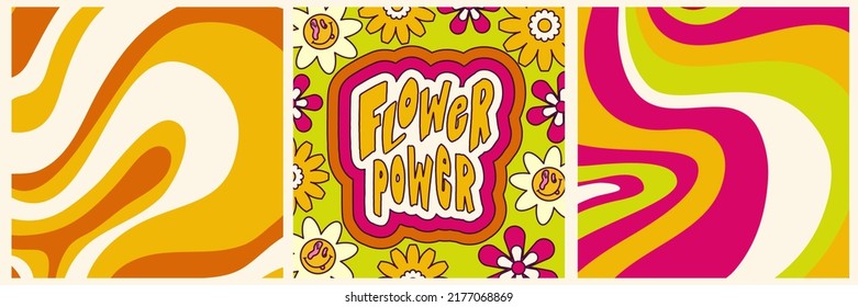 Daisy Flowers, Trippy groovy poster set for print design quote. Psychedelic hippy groovy print. Template poster vector illustration. Abstract vector pattern. Wavy Swirl, checkerboard, btight color.