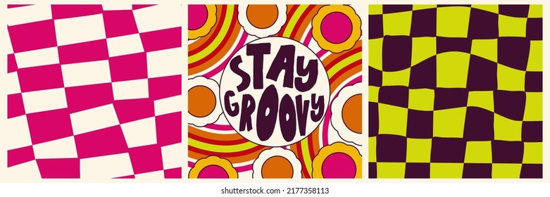 Daisy Flowers, Trippy groovy poster set for print design quote. Psychedelic hippy groovy print. Template poster vector illustration. Abstract vector pattern. Wavy Swirl, checkerboard, btight color.