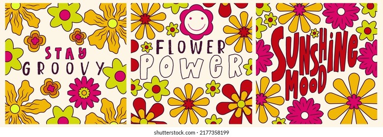 Daisy Flowers, Trippy groovy poster set for print design quote. Psychedelic hippy groovy print. Template poster vector illustration. Abstract vector pattern. Wavy Swirl, checkerboard, btight color.
