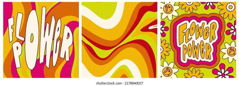 Daisy Flowers, Trippy groovy poster set for print design quote. Psychedelic hippy groovy print. Template poster vector illustration. Abstract vector pattern. Wavy Swirl, checkerboard, btight color.