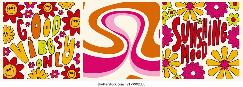 Daisy Flowers, Trippy groovy poster set for print design quote. Psychedelic hippy groovy print. Template poster vector illustration. Abstract vector pattern. Wavy Swirl, checkerboard, btight color.